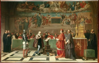 Galilei (oder Galileo Galilei, 1564-1642) vor dem Heiligen Offizium im Vatikan. Der Astronom wurde 1632 vom Inquisitionstribunal verurteilt, weil er die Theorien des Kopernikus verteidigte. 1847