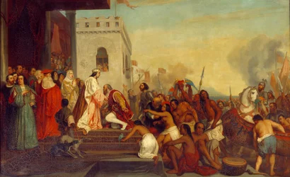 Empfang von Christoph Kolumbus durch die Könige von Spanien Ferdinand II. von Aragon und Isabella I. von Kastilien in Barcelona 1493