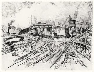 Bau der Miraflores-Schleuse, Platte XXI aus Der Panamakanal von Joseph Pennell, 1912