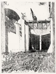 Verlegung des Bodens: Pedro Miguel Schleuse, Platte XVIII aus Der Panamakanal von Joseph Pennell, 14. Februar 1912