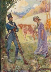 Laura Secord treibt eine Kuh vor sich her, passiert die amerikanischen Wachen