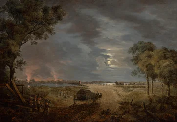 Ansicht der Übergangsbrücke der französischen Armee in die Lobau (Nachtstück mit Mondbeleuchtung)
