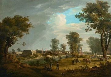 Szene aus den Napoleonischen Kriegen: Brücke in der Lobau mit französischer Infanterie