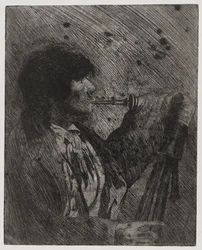 Mann spielt Dudelsack, gedruckt von Sigmund Abeles und Edmond Casarella
