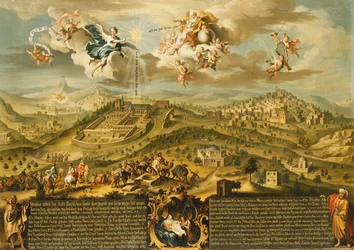 Ein Blick auf Bethlehem mit der Reise der Weisen, der Dreifaltigkeit oben und der Geburt in einer gemalten Kartusche unten, 1752