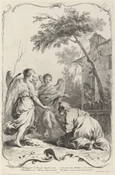 Abraham kniet vor den drei Engeln