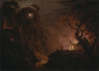 Brennendes Haus bei Nacht