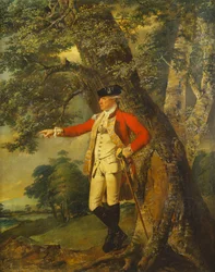 Porträt von Colonel Charles Heathcote, stehend, kleine volle Länge in einer bewaldeten Landschaft, in der Uniform des fünfunddreißigsten Fußregiments