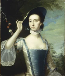 Porträt einer Dame bei einem Blumenkranz, in einer Landschaft