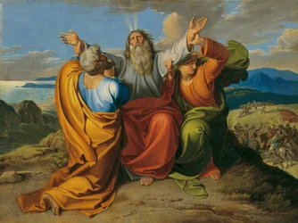 Betender Moses mit Aaron und Hur auf dem Berg Horeb