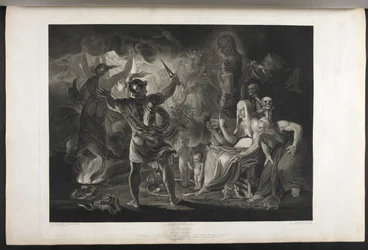 Macbeth. Akt IV. Szene I. Eine dunkle Höhle. In der Mitte ein kochender Kessel. Drei Hexen. Macbeth. Hekate. Macbeth steht den Hexen und den Erscheinungen gegenüber; zu seinen Füßen, in einer zusammengerollten Schlange, stehen ein kleines blutiges Kind und