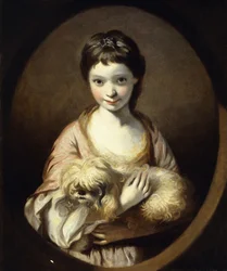 Porträt von Miss Emilia Vansittart, Halbfigur, in einem rosa-weißen Kleid, einen Hund haltend, ca. 1767-68