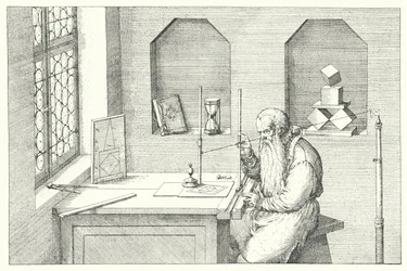 Deutscher Goldschmied, Künstler und Radierer Wenzel Jamnitzer in seinem Atelier (Gravur)