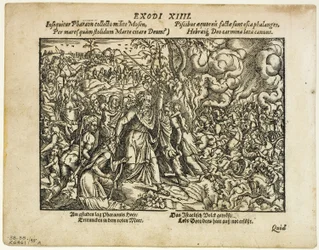 Der Durchzug durch das Rote Meer (recto) und Das Begräbnis von Jakob (verso) aus Neuwe Biblische Figuren, Tafel 48 aus Holzschnitten aus Büchern des XVI. Jahrhunderts
