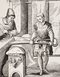 Tucharbeiter, Reproduktion eines Holzschnitts aus dem 16. Jahrhundert, 19. Jahrhundert