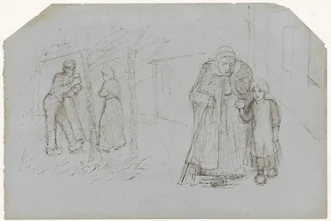 Bauer, Bäuerin und Mädchen mit einer alten Frau