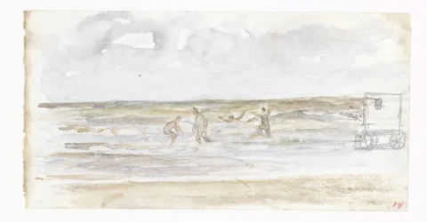 Badende im Meer und eine Strandkutsche