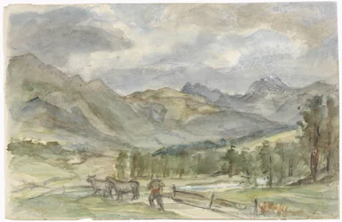 Berglandschaft mit Viehhirte und zwei Kühen