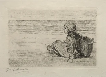 Mädchen mit Korb am Ufer sitzend
