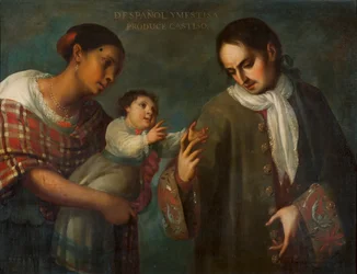 Ein Spanier und eine Mestizo-Frau mit ihrem Kind, einem 