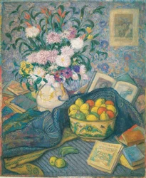 Vase mit Bananen, Zitronen und Büchern