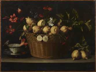 Stillleben mit Zitronen in einem Weidenkorb, ca. 1643-1649