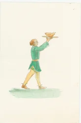 Ein mittelalterlicher Kellner, der eine Platte mit Essen trägt, 2004