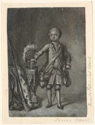 Porträt eines stehenden Jungen in Jagdausrüstung; links ein Tisch mit Jagdhut und Langlaufgewehr. Prinz Peter Carl Ulrich?