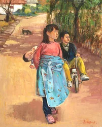 Kinder auf einem Dorfweg