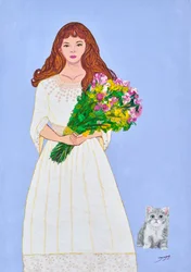 Mädchen mit Blumen und Kätzchen