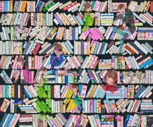 Leser In Gemusterten Bücherregalen
