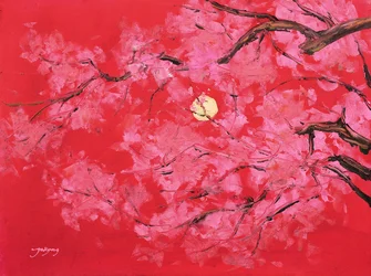 Roter Mond Kirschblüten