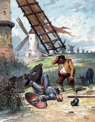 Don Quixote kämpfte mit Windmühlen und fiel vom Pferd, Sancho Panza schaut auf seinen Meister, Illustration des Buches von Miguel de Cervantes "Histoire de Don Quichotte", Gravur nach Jules David