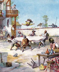 In der Herberge wird Sancho Panza misshandelt, er ruft seinen Herrn Don Quixote zu Hilfe, Illustration aus dem Buch von Miguel de Cervantes "Histoire de Don Quichotte", Gravur nach Jules David