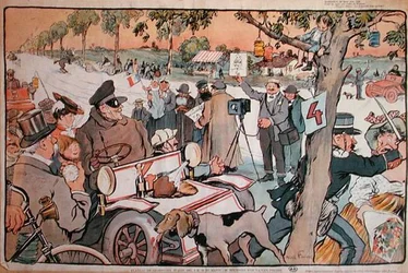 Karikatur von M. Fournier, der sich auf die Paris-Berlin-Rallye vorbereitet