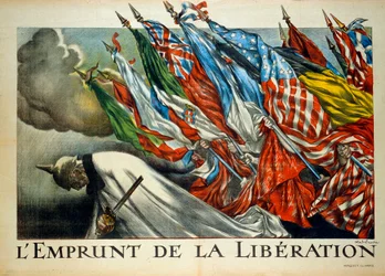 Erster Weltkrieg: „Die Anleihe der Befreiung“, Wilhelm II. unter alliierten Flaggen. Illustration von Abel Faivre
