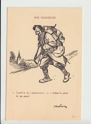 Postkarte, Satirisch in Schwarz-Weiß, ca. 1915: Unsere Jäger - Krieg von 14-18, Fotografie, Vaterschaft, Schädelmarmelade - Soldaten, Alpenjäger Illustration von Abel Faivre (1867-1945)
