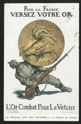 Postkarte, Satirisch in Farben, circa 1915: Für Frankreich, Gieße dein Gold - Krieg von 14-18, Deutschland Preußen, Silber, Kriegsparteien und Symbole, Sieg, Anleihe, Patriotische Tage - Hahn - Illustration von Abel Faivre (1867-1945)