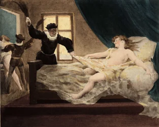 Ein Mann, der ein junges Mädchen auf dem Unschuldstag beim Bett erwischt. Pantagruel. Illustration von Jules Garnier