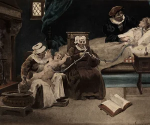 Gargamelle gebärt Gargantua durch das linke Ohr. Gargantua. Illustration von Jules Garnier. In „Rabelais et l