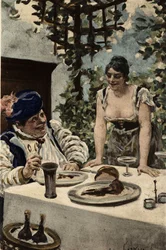 Gargantua am Tisch essend, eine Frau serviert ihm Essen. Gargantua. Illustration von Jules Garnier. In „Rabelais et l
