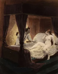 Großer Thibeault versteckt einen Hammer hinter seinem Rücken. Seine Frau liegt im Bett. Pantagruel. Illustration von Jules Garnier. In „Rabelais et l