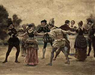 Männer und Frauen spielen Furon. Gargantua. Illustration von Jules Garnier. In „Rabelais et l