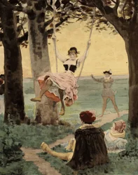 Männer und Frauen spielen die Brandelle. Gargantua. Illustration von Jules Garnier. In „Rabelais et l