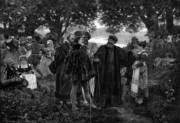 Rabelais, Meudons Pfarrer. Der Schriftsteller François Rabelais (1483-1553) als Gastgeber eines Festes im Wald von Meudon. Er war von 1551 bis 1553 Pfarrer von Meudon. Gravur nach einem Gemälde von Jules Garnier (19. Jahrhundert) in „Die illustre Welt“ Nr.