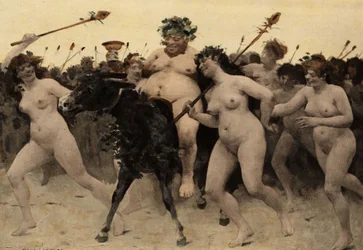 Sileneus auf einem Esel führt die Armee des Bacchus während der Schlacht zwischen Bacchus und den Indern. Mosaik im Tempel der Flasche. Illustration von Jules Garnier. In "Rabelais et l