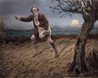 Der Teufel, auf einem Baum sitzend, spricht mit einem Bauern, der Hundekuchen sät. Pantagruel. Illustration von Jules Garnier. In „Rabelais et l