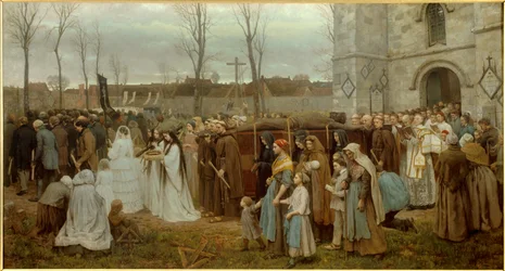 Das Aufstellen eines Kalvarienbergs. Prozession vor einer bretonischen Kirche. Gemälde von Jules Breton (1827-1906) 1858
