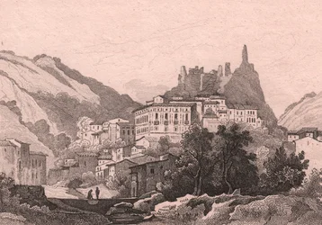 Ansicht von Nicastro, Kalabrien, Italien, Stahlstich von Dunaime nach einer Zeichnung von Jules Coignet