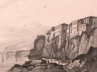 Blick auf Sorrent mit dem Haus von Torquato Tasso, Kampanien, Italien, Stahlstich von Sauvage nach einer Zeichnung von Jules Coignet